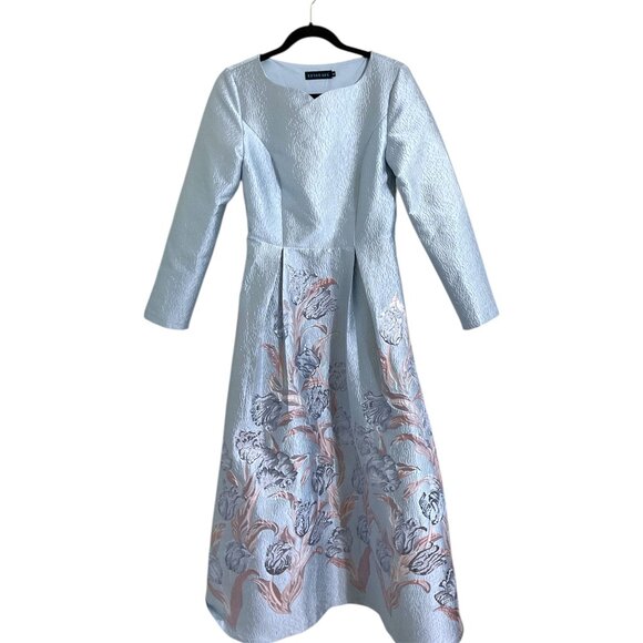 DEVCHATA Women Modest Metallic Floral Print Maxi Dress Gown in Light Blue size S - Picture 1 of 14